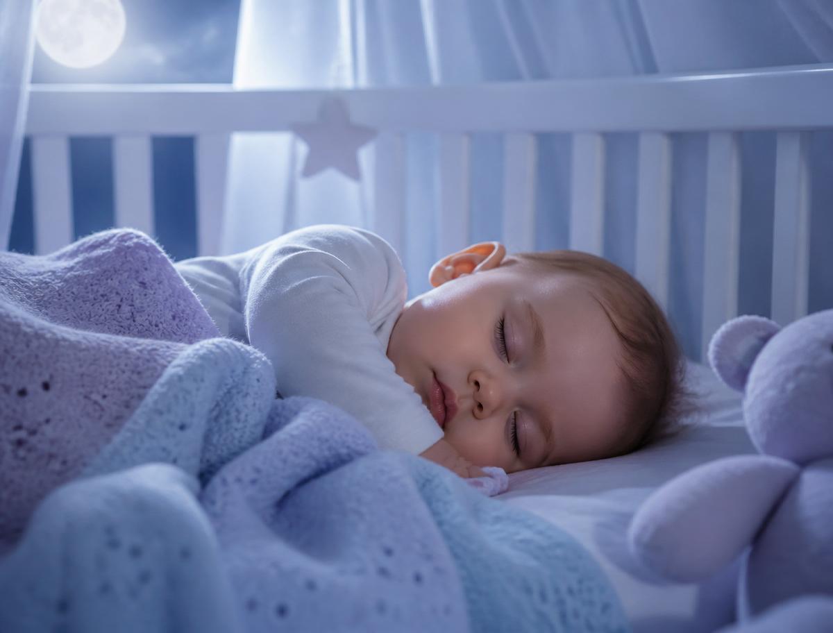 Bebê dormindo tranquilamente em um berço com iluminação suave da lua